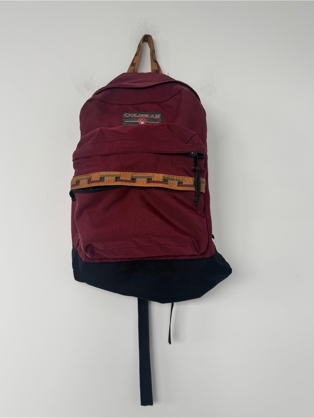 Vintage Coleman Backpack Made in USA Maroon Aztec Trim